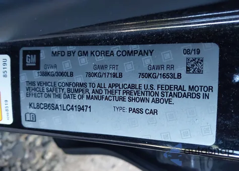 2020 Chevrolet Spark Fwd Ls Automatic z USA, uszkodzony, nr VIN KL8CB6SA1LC419471